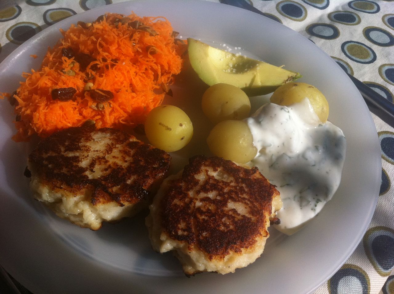 Grove fiskefrikadeller med nye kartofler, gulerodssalat med rosiner og græskarkerner + kold dip med basilikum